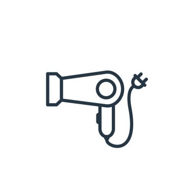 Saç kurutma makinesi vektör simgesi. Saç kurutma makinesi. İnternet ve mobil uygulamalarda kullanmak için saç kurutma makinesi lineer sembolü, logo, yazdırma medyası. İnce çizgili çizim. Vektör izole çizimi.