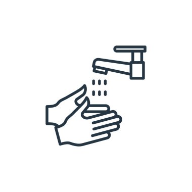 El yıkama vektör simgesi. Elle yıkanabilir felç. Web ve mobil uygulamalarda kullanmak için el yıkama lineer sembolü, logo, yazdırma medyası. İnce çizgili çizim. Vektör izole çizimi.