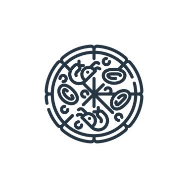 Pizza vektör simgesi. Pizza dilimi. İnternet ve mobil uygulamalarda kullanım için pizza doğrusal sembolü, logo, yazdırma medyası. İnce çizgili çizim. Vektör izole çizimi.