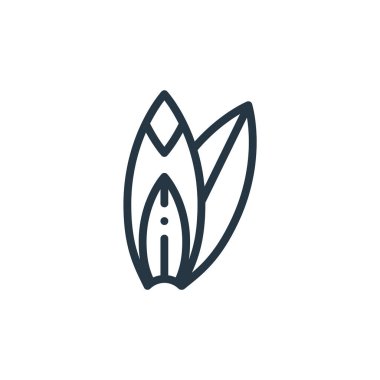 Sörf tahtası vektör simgesi. Kurgulanabilir sörf tahtası vuruşu. Web ve mobil uygulamalarda kullanmak için sörf tahtası lineer sembolü, logo, yazdırma medyası. İnce çizgili çizim. Vektör izole çizimi.