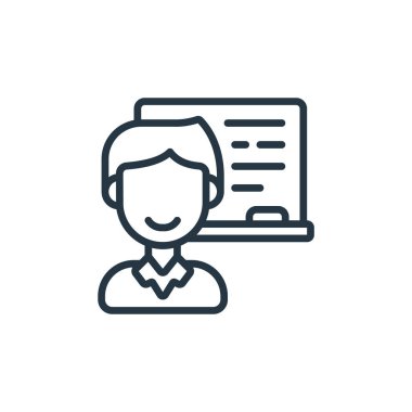 Öğretmen vektör simgesi. Kurgulanabilir öğretmen felci. Web ve mobil uygulamalarda, logoda, yazdırma ortamında kullanım için öğretmen doğrusal sembolü. İnce çizgili çizim. Vektör izole çizimi.