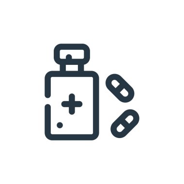 İlaç vektör simgesi. İlaç tedavisi uygulanabilir felç. İnternet ve mobil uygulamalarda, logoda ve yazılı medyada kullanmak için ilaç doğrusal sembolü. İnce çizgili çizim. Vektör izole çizimi.