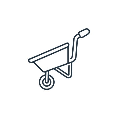 El arabası vektör simgesi. El arabası inme inmesi. Web ve mobil uygulamalarda, logoda ve yazılı medyada kullanılmak üzere el arabası doğrusal sembolü. İnce çizgili çizim. Vektör izole çizimi.