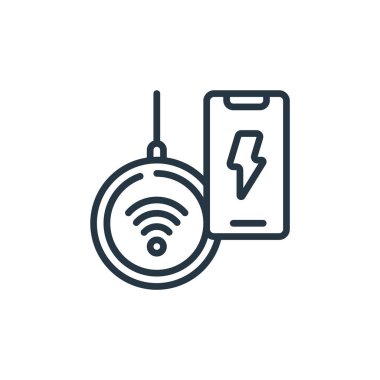 kablosuz şarj vektörü simgesi. Kablosuz şarj edilebilir felç. İnternet ve mobil uygulamalarda, logoda ve yazılı medyada kullanım için doğrusal olmayan şarj sembolü. İnce çizgili çizim. Vektör izole çizimi.