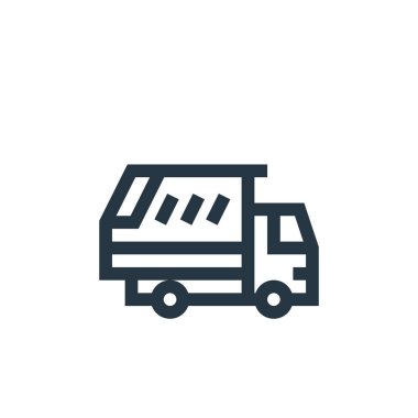 Çöp kamyonu vektör simgesi. Çöp kamyonu inme inmesi. Web ve mobil uygulamalarda, logoda ve yazılı medyada kullanılacak çöp kamyonu lineer sembolü. İnce çizgili çizim. Vektör izole çizimi.