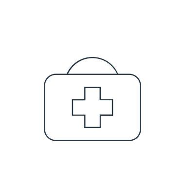 İlk yardım çantası vektör simgesi. İlk yardım seti, düzenlenebilir felç. Web ve mobil uygulamalarda kullanmak için ilk yardım çantası lineer sembolü, logo, yazdırma ortamı. İnce çizgili çizim. Vektör izole çizimi.