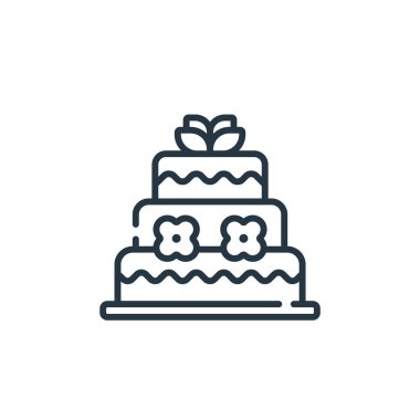 Düğün pastası ikonu. Düğün pastası inmesi. Web ve mobil uygulamalarda kullanmak için düğün pastası lineer sembolü, logo, yazdırma medyası. İnce çizgili çizim. Vektör izole çizimi.