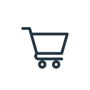 Alışveriş arabası ikonu. Alışveriş arabası inme inmesi. İnternet ve mobil uygulamalarda kullanım için alışveriş arabası lineer sembolü, logo, yazdırma medyası. İnce çizgili çizim. Vektör izole çizimi.