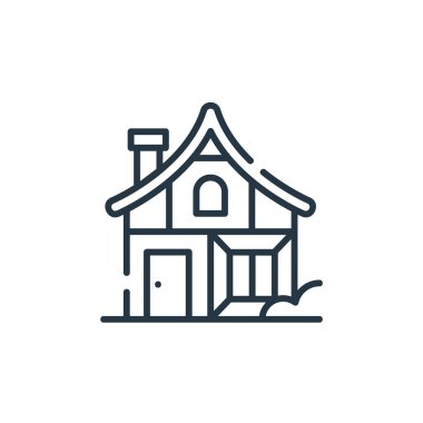 Ortaçağ ev vektör ikonu. Ortaçağ evlerinde düzenlenebilir felç. Ortaçağ ev lineer sembolü web ve mobil uygulamalarda, logoda, yazılı medyada kullanılıyor. İnce çizgili çizim. Vektör izole çizimi.