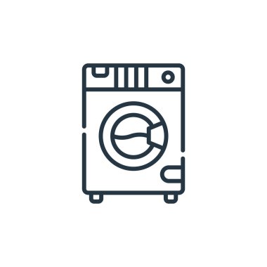 çamaşır makinesi vektör simgesi. Yıkanabilir çamaşır makinesi vuruşu. Ağ ve mobil uygulamalarda kullanım için çamaşır makinesi doğrusal sembolü, logo, yazdırma medyası. İnce çizgili çizim. Vektör izole çizimi.