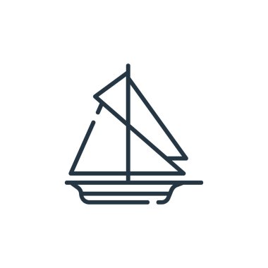 Yelkenli gemi vektör simgesi. Denize açılabilir gemi vuruşu. Web ve mobil uygulamalarda kullanmak için yelkenli gemisi lineer sembolü, logo, yazdırma medyası. İnce çizgili çizim. Vektör izole çizimi.