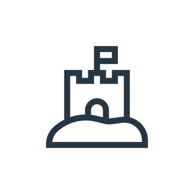 Kumdan kale vektör simgesi. Kurgulanabilir kum kalesi vuruşu. Web ve mobil uygulamalarda kullanmak için kum kalesi lineer sembolü, logo, yazdırma medyası. İnce çizgili çizim. Vektör izole çizimi.