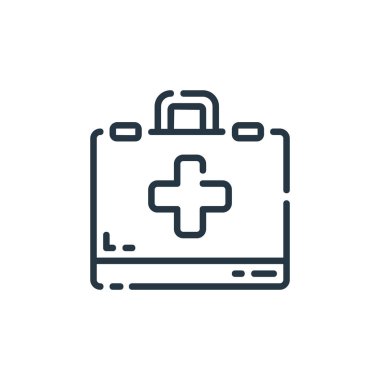İlk yardım çantası vektör simgesi. İlk yardım seti, düzenlenebilir felç. Web ve mobil uygulamalarda kullanmak için ilk yardım çantası lineer sembolü, logo, yazdırma ortamı. İnce çizgili çizim. Vektör izole çizimi.