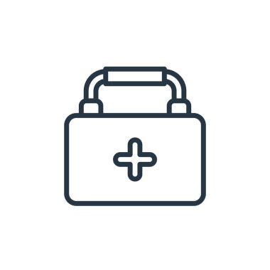 İlk yardım çantası vektör simgesi. İlk yardım seti, düzenlenebilir felç. Web ve mobil uygulamalarda kullanmak için ilk yardım çantası lineer sembolü, logo, yazdırma ortamı. İnce çizgili çizim. Vektör izole çizimi.
