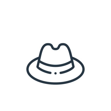 Şapka vektör ikonu. Fötr şapka, düzeltilebilir vuruş. İnternet ve mobil uygulamalarda, logoda ve yazılı medyada kullanılacak fötr şapka lineer sembolü. İnce çizgili çizim. Vektör izole çizimi.