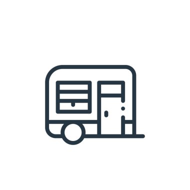 Kervan vektör simgesi. Karavan inme inmesi. Web ve mobil uygulamalarda, logoda ve yazılı medyada kullanılmak üzere karavan lineer sembolü. İnce çizgili çizim. Vektör izole çizimi.