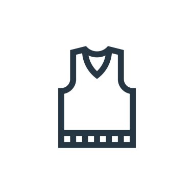 Yelek vektör simgesi. Kurgulanabilir yelek darbesi. Web ve mobil uygulamalarda kullanmak için yelek lineer sembolü, logo, yazdırma medyası. İnce çizgili çizim. Vektör izole çizimi.