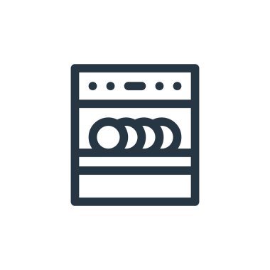Bulaşık makinesi vektör simgesi. Bulaşık makinesi felci. İnternet ve mobil uygulamalarda, logoda ve yazılı medyada kullanmak için bulaşık makinesi doğrusal sembolü. İnce çizgili çizim. Vektör izole çizimi.