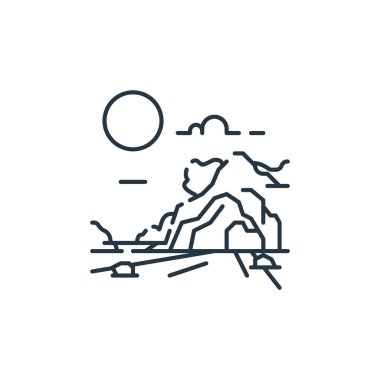 Mağara vektör simgesi. Mağara inmesi. mağara lineer sembolü web ve mobil uygulamalar, logo, yazdırma medyası için. İnce çizgili çizim. Vektör izole çizimi.