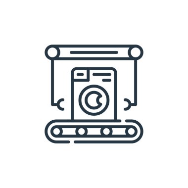 çamaşır makinesi vektör simgesi. Yıkanabilir çamaşır makinesi vuruşu. Ağ ve mobil uygulamalarda kullanım için çamaşır makinesi doğrusal sembolü, logo, yazdırma medyası. İnce çizgili çizim. Vektör izole çizimi.