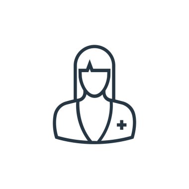 Hemşire vektör ikonu. Hemşire inme inmesi. İnternet ve mobil uygulamalarda kullanım için hemşire doğrusal sembolü, logo, yazdırma medyası. İnce çizgili çizim. Vektör izole çizimi.