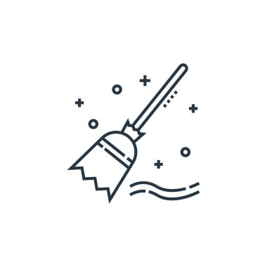 Süpürge sapı vektör simgesi. Kurgulanabilir süpürge darbesi. Web ve mobil uygulamalarda, logoda ve yazılı medyada kullanmak için süpürge çubuğu doğrusal sembolü. İnce çizgili çizim. Vektör izole çizimi.