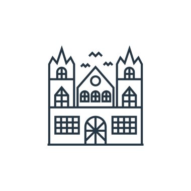 Perili ev vektör ikonu. Perili ev yenilebilir felç. Perili ev lineer sembolü web ve mobil uygulamalarda, logoda, yazılı medyada kullanılıyor. İnce çizgili çizim. Vektör izole çizimi.