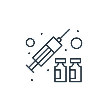 Enjeksiyon vektör simgesi. Enjekte edilebilir felç. Web ve mobil uygulamalarda kullanmak için enjeksiyon lineer sembolü, logo, yazdırma medyası. İnce çizgili çizim. Vektör izole çizimi.