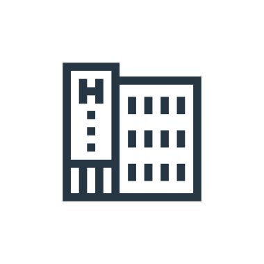 Otel vektör ikonu. Otel felci. Web ve mobil uygulamalarda kullanım için otel lineer sembolü, logo, yazdırma medyası. İnce çizgili çizim. Vektör izole çizimi.