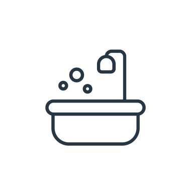 Banyo vektör simgesi. Banyo felci. İnternet ve mobil uygulamalarda, logoda ve yazılı medyada kullanılmak üzere banyonun doğrusal sembolü. İnce çizgili çizim. Vektör izole çizimi.