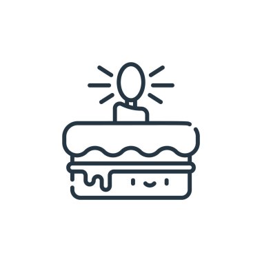 Doğum günü pastası ikonu. Doğum günü pastası inmesi. Web ve mobil uygulamalarda, logoda ve yazılı medyada kullanım için doğrusal doğum günü pastası sembolü. İnce çizgili çizim. Vektör izole çizimi.