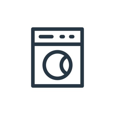 çamaşır makinesi vektör simgesi. Yıkanabilir çamaşır makinesi vuruşu. Ağ ve mobil uygulamalarda kullanım için çamaşır makinesi doğrusal sembolü, logo, yazdırma medyası. İnce çizgili çizim. Vektör izole çizimi.