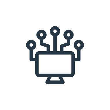 Bilgisayar vektör simgesi. Bilgisayarda düzenlenebilir felç. İnternet ve mobil uygulamalarda, logoda, yazıcı ortamında kullanmak için bilgisayar doğrusal sembolü. İnce çizgili çizim. Vektör izole çizimi.