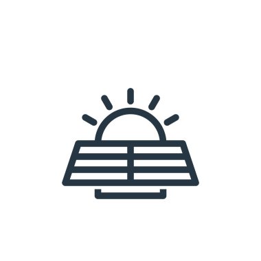 Güneş panelleri vektör simgesi. Güneş panelleri değiştirilebilir vuruşlar. Web ve mobil uygulamalarda, logoda ve yazılı medyada kullanmak için güneş panelleri doğrusal sembolü. İnce çizgili çizim. Vektör izole çizimi.