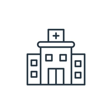 Hastane vektör ikonu. Hastane felci. İnternet ve mobil uygulamalarda kullanım için hastane lineer sembolü, logo, yazdırma medyası. İnce çizgili çizim. Vektör izole çizimi.