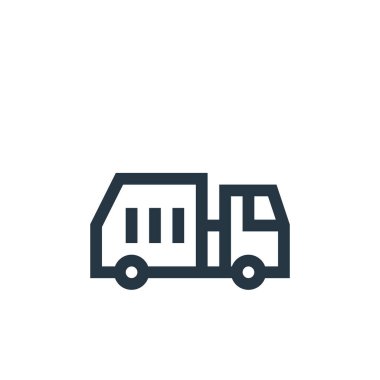 Çöp kamyonu vektör simgesi. Çöp kamyonu inme inmesi. Web ve mobil uygulamalarda, logoda ve yazılı medyada kullanılacak çöp kamyonu lineer sembolü. İnce çizgili çizim. Vektör izole çizimi.