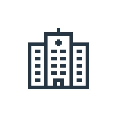 Hastane vektör ikonu. Hastane felci. İnternet ve mobil uygulamalarda kullanım için hastane lineer sembolü, logo, yazdırma medyası. İnce çizgili çizim. Vektör izole çizimi.