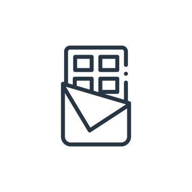 Çikolata vektör simgesi. Çikolata dilimlenebilir. İnternet ve mobil uygulamalarda kullanmak için çikolata doğrusal sembolü, logo, yazdırma medyası. İnce çizgili çizim. Vektör izole çizimi.
