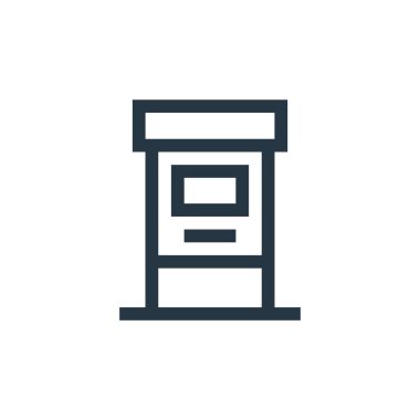 ATM makine vektör simgesi. ATM makinesinde düzenlenebilir felç. ATM makine lineer sembolü web ve mobil uygulamalarda, logoda, yazdırma ortamında kullanılır. İnce çizgili çizim. Vektör izole çizimi.