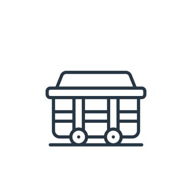 Maden arabası vektör ikonu. Madencilik arabası inme inmesi. İnternet ve mobil uygulamalarda, logoda ve yazılı medyada kullanılacak maden arabası lineer sembolü. İnce çizgili çizim. Vektör izole çizimi.