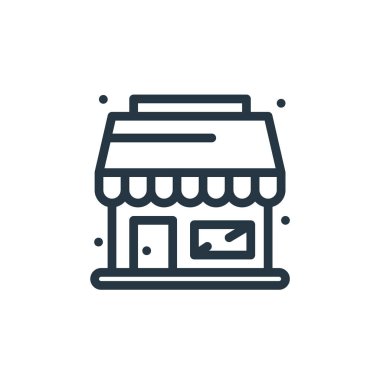 Alışveriş mağazası vektör simgesi. Alışveriş mağazası felci. İnternet ve mobil uygulamalarda, logoda ve yazılı medyada kullanılacak doğrusal simge. İnce çizgili çizim. Vektör izole çizimi.