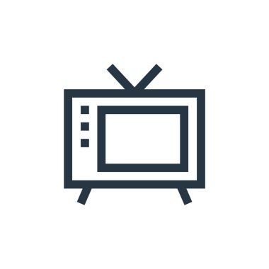 Eski TV vektör simgesi. Eski bir televizyon felci. Web ve mobil uygulamalarda, logoda ve yazılı medyada kullanım için eski bir televizyon lineer sembolü. İnce çizgili çizim. Vektör izole çizimi.