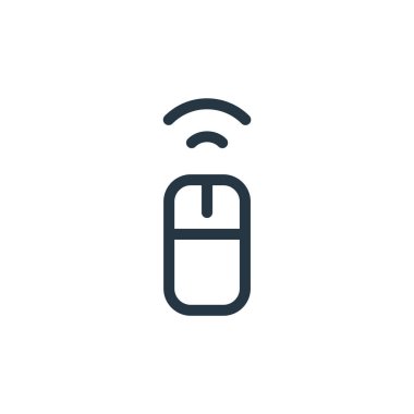 kablosuz fare vektör simgesi. Kablosuz fare düzeltme hareketi. İnternet ve mobil uygulamalarda kullanım için kablosuz fare doğrusal sembolü, logo, yazdırma ortamı. İnce çizgili çizim. Vektör izole çizimi.
