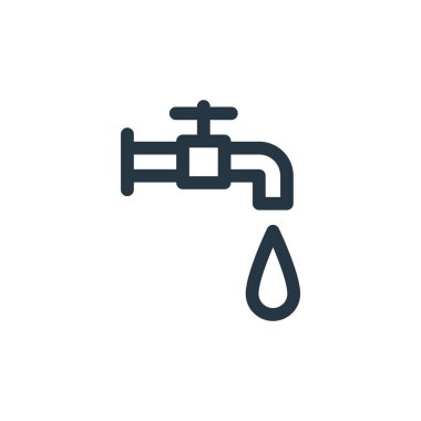 Su musluğu vektör simgesi. Su musluğu inme inmesi. İnternet ve mobil uygulamalarda, logoda ve yazılı medyada kullanılmak üzere su musluğu doğrusal sembolü. İnce çizgili çizim. Vektör izole çizimi.