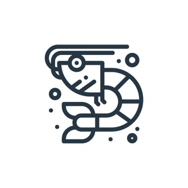 Deniz ürünleri ikonu. Deniz ürünleri kurgulanabilir felç. İnternet ve mobil uygulamalarda kullanım için deniz ürünleri doğrusal sembolü, logo, yazdırma medyası. İnce çizgili çizim. Vektör izole çizimi.