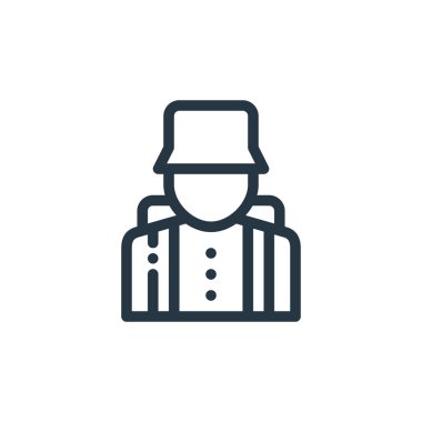 Turist vektör simgesi. Turistik inme. İnternet ve mobil uygulamalarda kullanım için turist lineer sembolü, logo, yazdırma medyası. İnce çizgili çizim. Vektör izole çizimi.