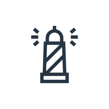 Deniz feneri vektör simgesi. Deniz feneri inme inmesi. Web ve mobil uygulamalarda kullanmak için deniz feneri lineer sembolü, logo, yazdırma medyası. İnce çizgili çizim. Vektör izole çizimi.