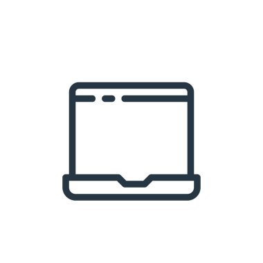 dizüstü bilgisayar vektör simgesi. Dizüstü bilgisayar felci. İnternet ve mobil uygulamalarda kullanmak için dizüstü bilgisayar lineer sembolü, logo, yazdırma medyası. İnce çizgili çizim. Vektör izole çizimi.