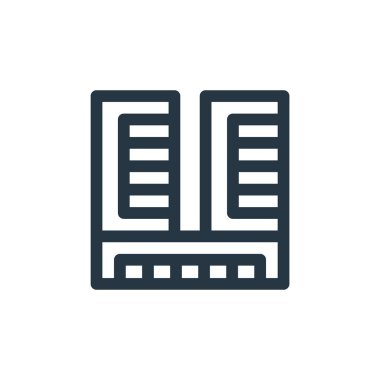 Ofis binası vektör simgesi. Ofis binası felci. İnternet ve mobil uygulamalarda, logoda ve yazılı medyada kullanım için ofis oluşturma lineer sembolü. İnce çizgili çizim. Vektör izole çizimi.