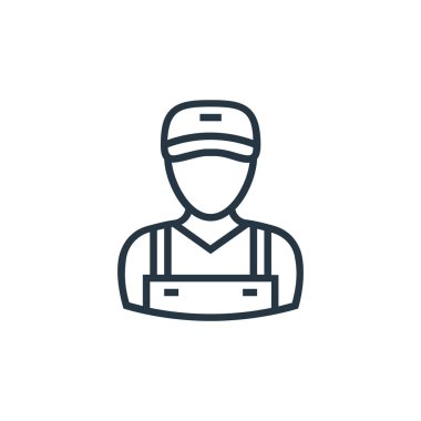 Teslimatçı vektör ikonu. Teslimatçı adam felç geçirdi. Web ve mobil uygulamalarda kullanmak için dağıtım elemanı lineer sembolü, logo, yazdırma medyası. İnce çizgili çizim. Vektör izole çizimi.